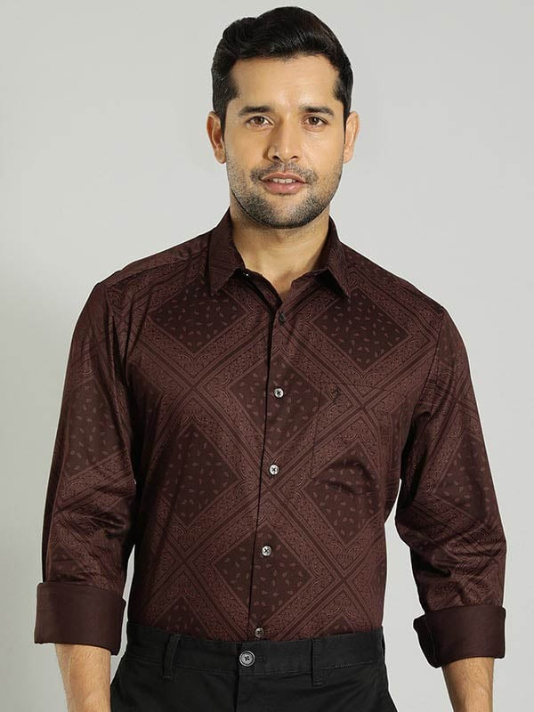 Indian Terrain Men's Slim Fit Full Sleeve All Over Print Brown Shirt